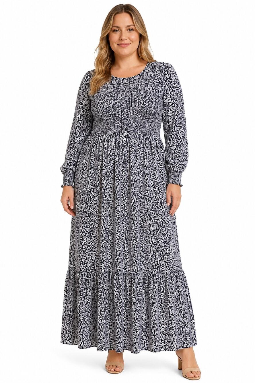 NWT Annebouti Navy White Floral Smocked Tiered Maxi Dress Women L
